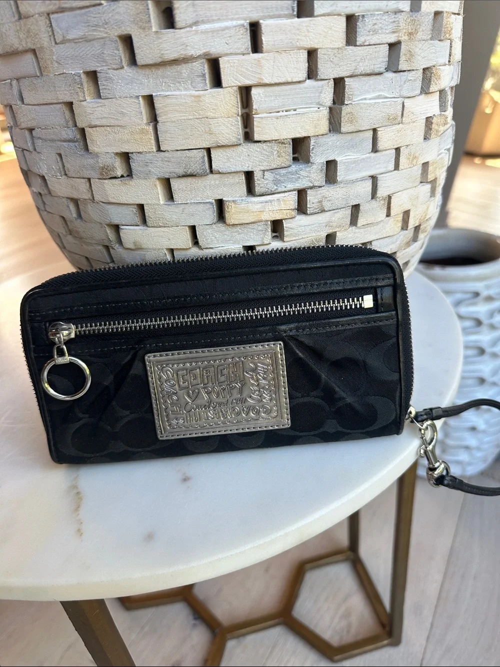 Coach Black Signature Wristlet with Silver Plaque